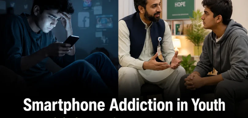 Split scene showing smartphone addiction on one side and rehab counseling support on the other