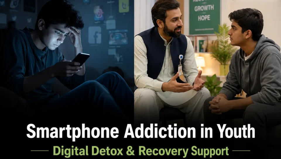 Split scene showing smartphone addiction on one side and rehab counseling support on the other