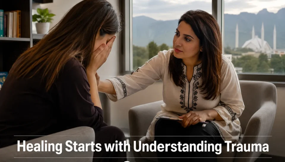 Patient receiving emotional counseling from a therapist inside a modern rehabilitation centre in Islamabad, in a calm private room with soft natural light and a supportive trauma-focused mental health care environment.