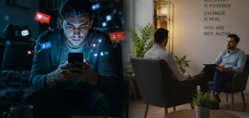 Person scrolling social media on a smartphone with glowing dopamine-style notifications representing digital addiction and mental health effects.
