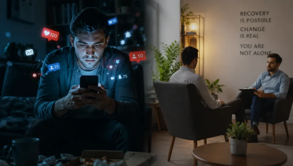 Person scrolling social media on a smartphone with glowing dopamine-style notifications representing digital addiction and mental health effects.