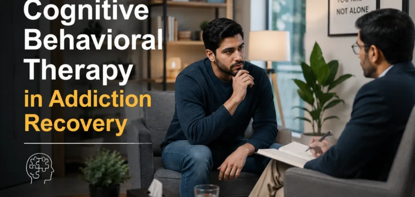 Therapist conducting a Cognitive Behavioral Therapy session with a patient in a modern rehabilitation centre for addiction recovery.