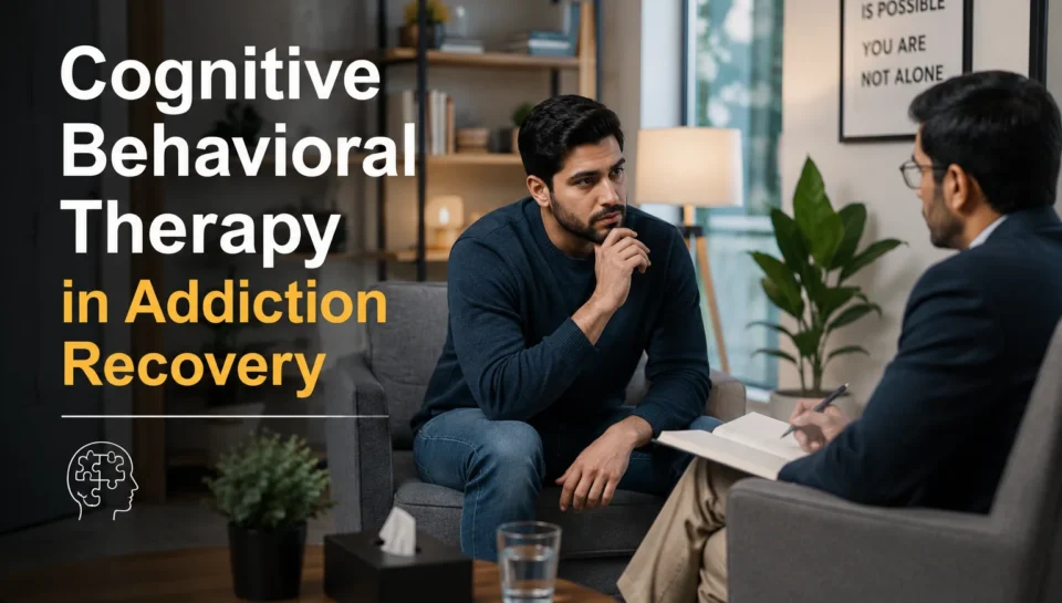 Therapist conducting a Cognitive Behavioral Therapy session with a patient in a modern rehabilitation centre for addiction recovery.