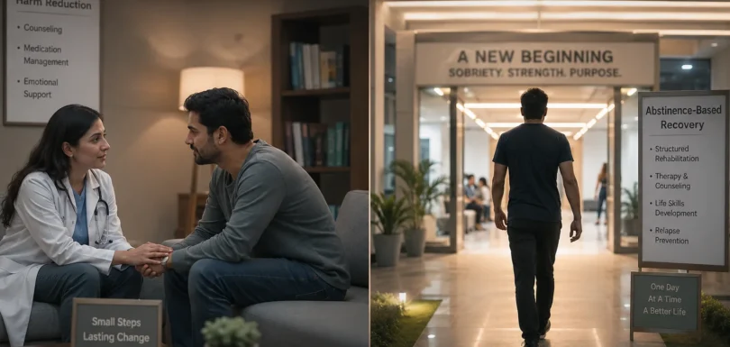 Split-scene showing two addiction recovery approaches including harm reduction therapy and abstinence-based rehabilitation treatment.