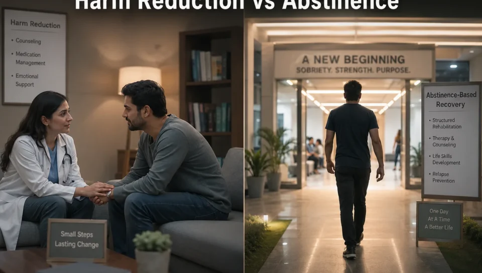Split-scene showing two addiction recovery approaches including harm reduction therapy and abstinence-based rehabilitation treatment.