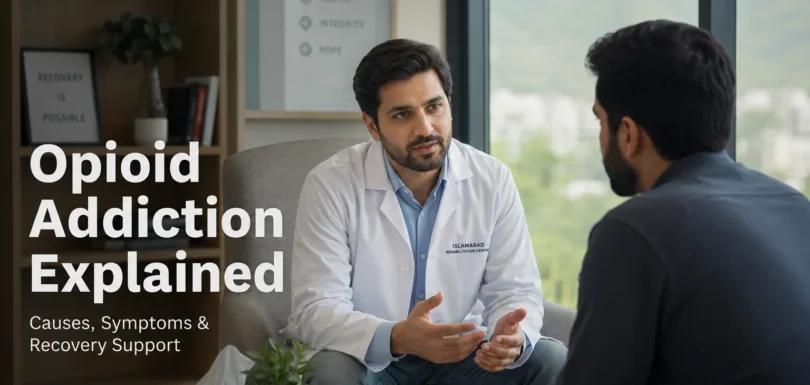 A compassionate counseling session inside a modern rehabilitation centre where a doctor speaks with a patient about opioid addiction recovery in a calm, supportive environment.