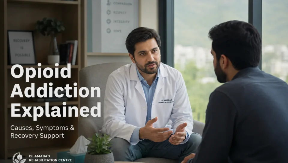A compassionate counseling session inside a modern rehabilitation centre where a doctor speaks with a patient about opioid addiction recovery in a calm, supportive environment.