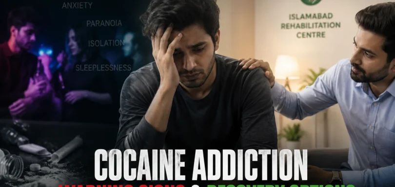 Young person struggling with cocaine addiction shown alongside rehabilitation support environment in Islamabad