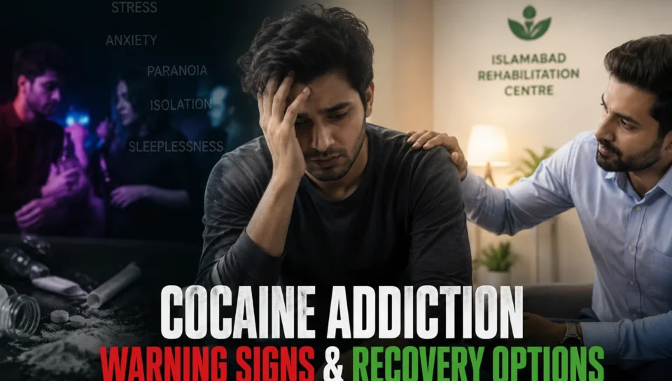 Young person struggling with cocaine addiction shown alongside rehabilitation support environment in Islamabad