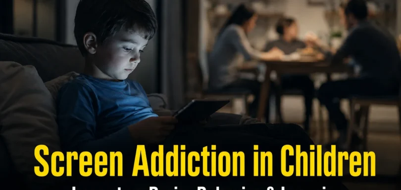 A child sitting alone using a smartphone in a dimly lit room, showing signs of screen addiction while family life continues in the background.