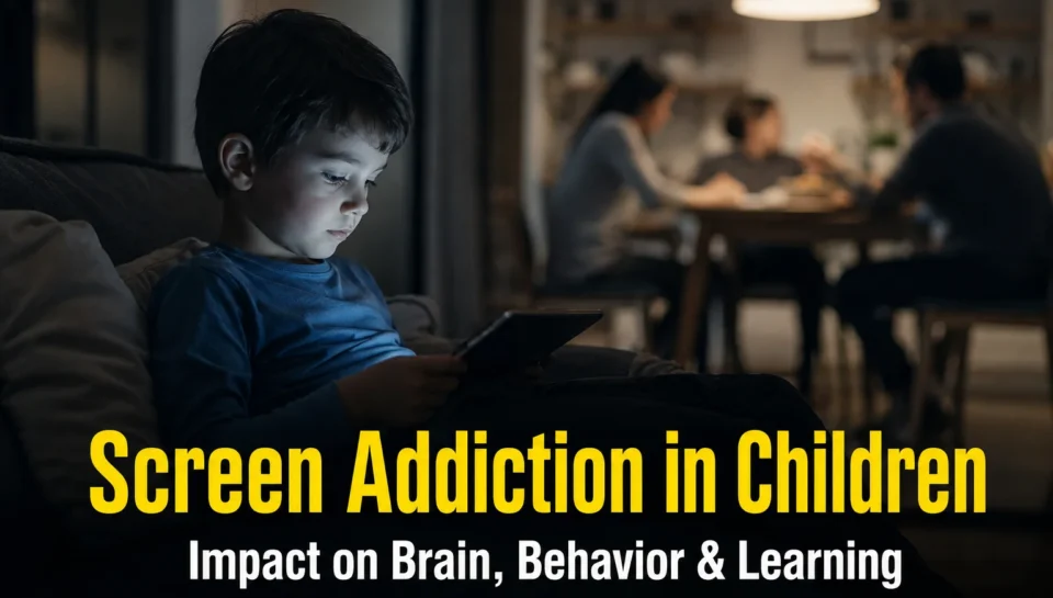 A child sitting alone using a smartphone in a dimly lit room, showing signs of screen addiction while family life continues in the background.