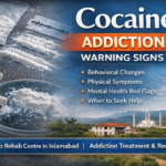 Cocaine addiction warning signs concept image showing drug powder and treatment awareness text promoting rehab centre in Islamabad
