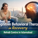 Therapist conducting a Cognitive Behavioral Therapy session with a patient, featuring a glowing brain illustration and Faisal Mosque in Islamabad in the background, promoting CBT for addiction recovery at a rehab centre in Islamabad.