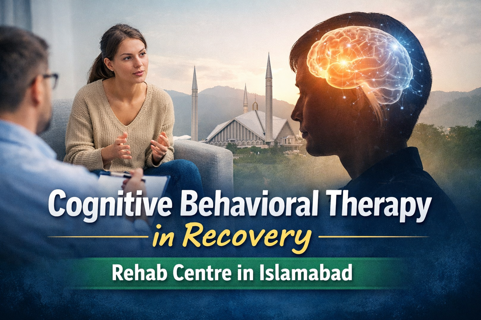 Therapist conducting a Cognitive Behavioral Therapy session with a patient, featuring a glowing brain illustration and Faisal Mosque in Islamabad in the background, promoting CBT for addiction recovery at a rehab centre in Islamabad.