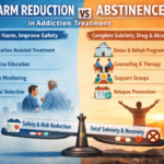Harm reduction vs abstinence infographic for addiction treatment, comparing safety-focused care with detox and rehab programs in Islamabad.