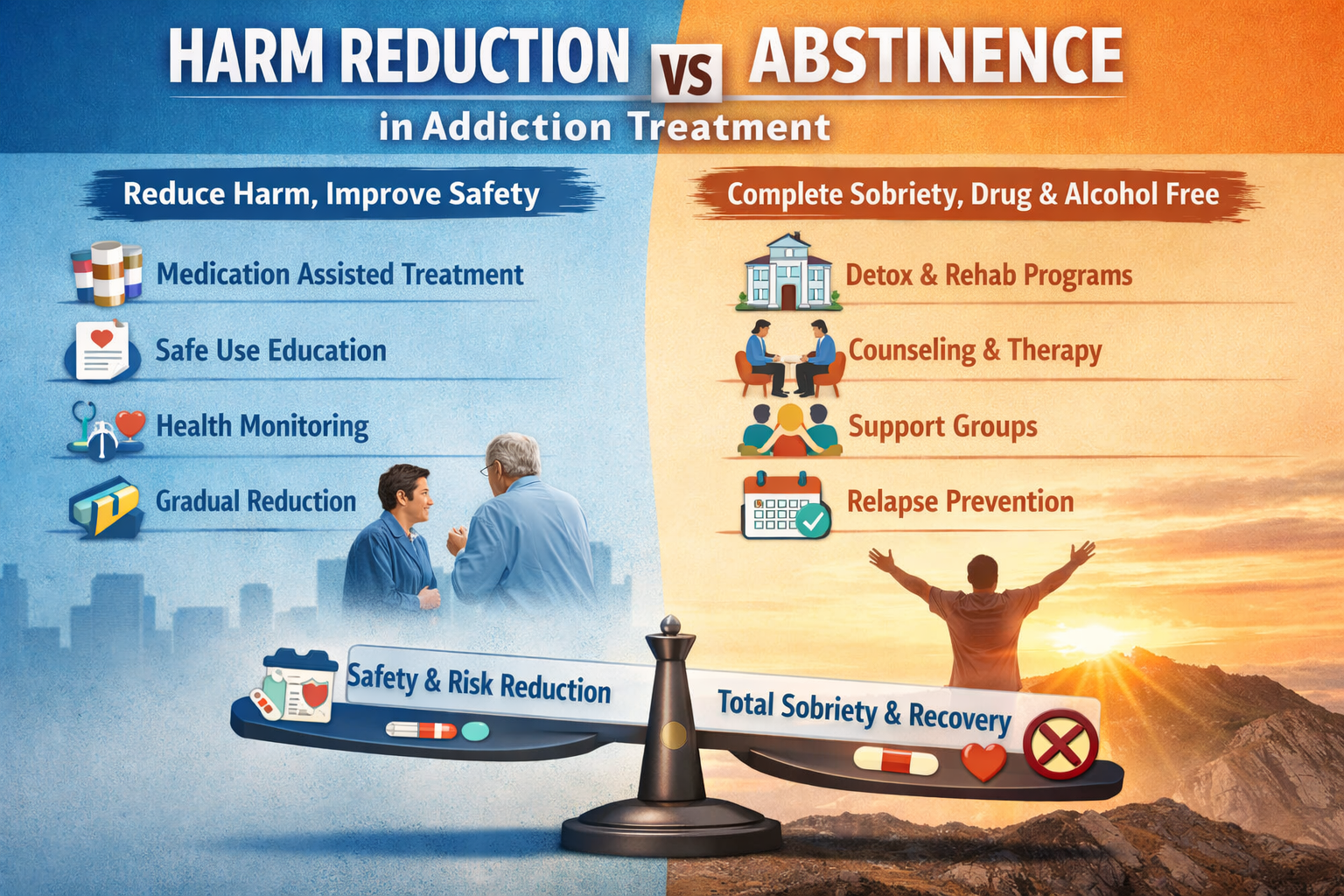 Harm reduction vs abstinence infographic for addiction treatment, comparing safety-focused care with detox and rehab programs in Islamabad.
