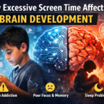 Child looking at smartphone with brain illustration showing the effects of excessive screen time, highlighting screen addiction, poor focus, and sleep problems.