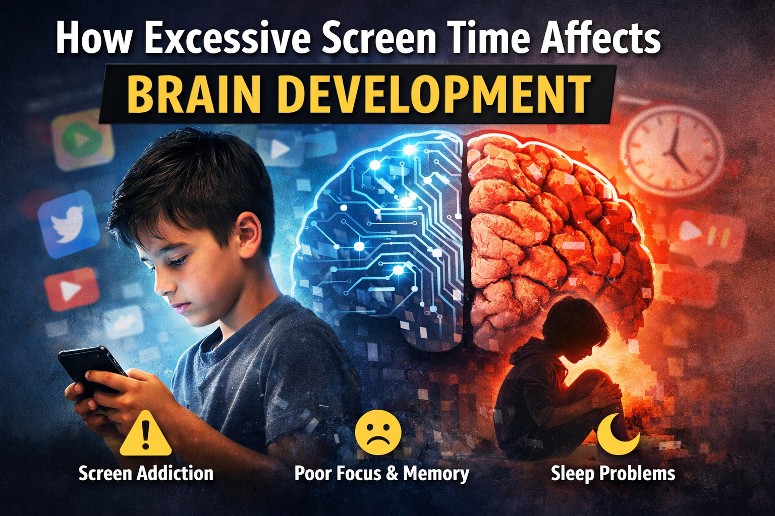 Child looking at smartphone with brain illustration showing the effects of excessive screen time, highlighting screen addiction, poor focus, and sleep problems.