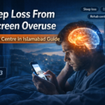 Man lying in bed at night using a smartphone with a glowing brain illustration above his head, representing sleep loss from screen overuse and digital addiction in Islamabad.