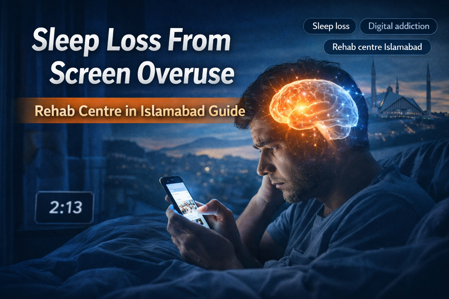 Man lying in bed at night using a smartphone with a glowing brain illustration above his head, representing sleep loss from screen overuse and digital addiction in Islamabad.