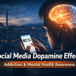 Social media dopamine effects illustration showing a person using a smartphone with a glowing brain overlay, highlighting digital addiction and mental health awareness in Islamabad.