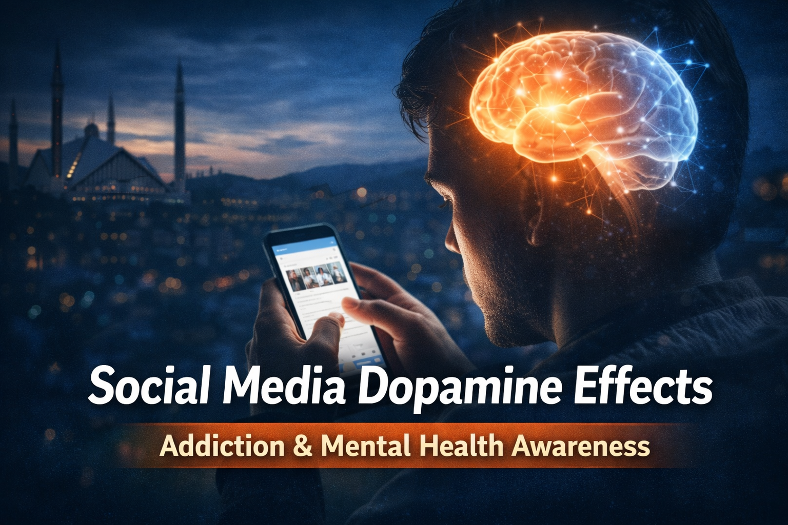 Social media dopamine effects illustration showing a person using a smartphone with a glowing brain overlay, highlighting digital addiction and mental health awareness in Islamabad.