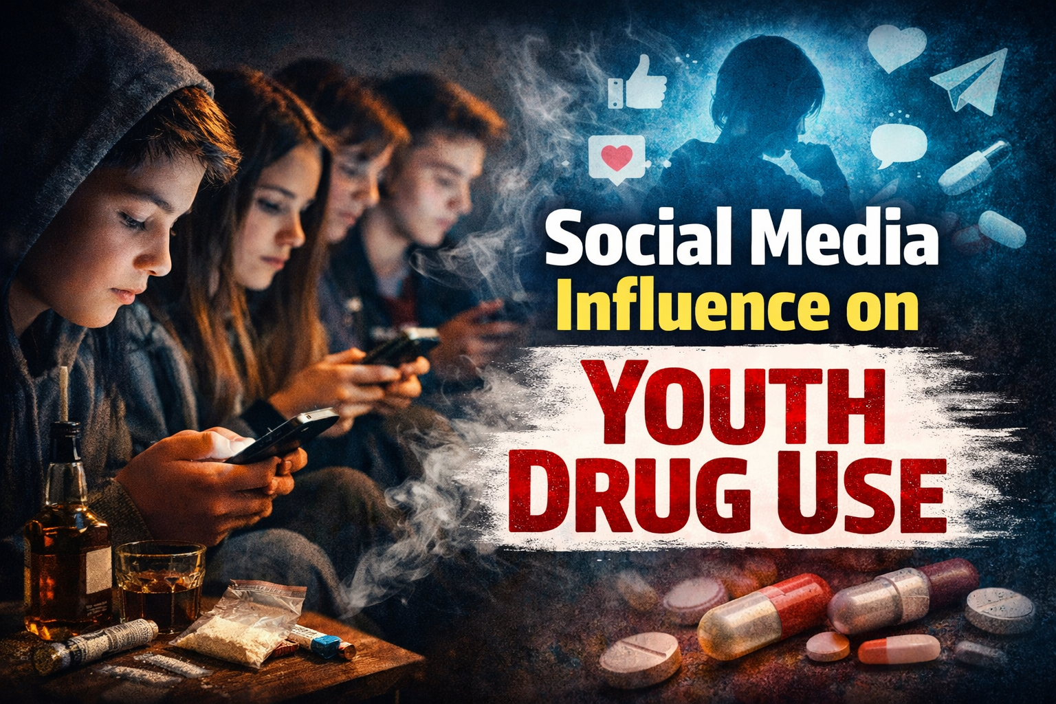 Teenagers using smartphones with drugs visible, showing the influence of social media on youth drug use and addiction.