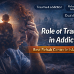 Digital thumbnail showing a distressed man reflecting on childhood trauma, highlighting the role of trauma in addiction, with text promoting rehab centres in Islamabad.