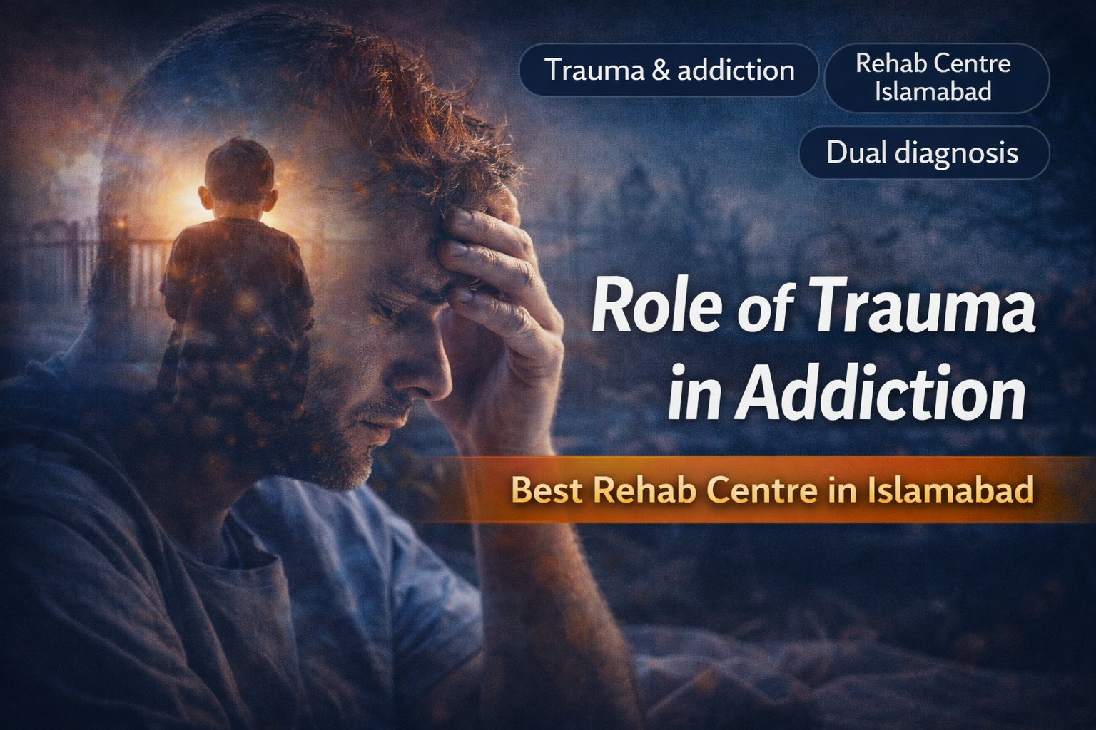 Digital thumbnail showing a distressed man reflecting on childhood trauma, highlighting the role of trauma in addiction, with text promoting rehab centres in Islamabad.