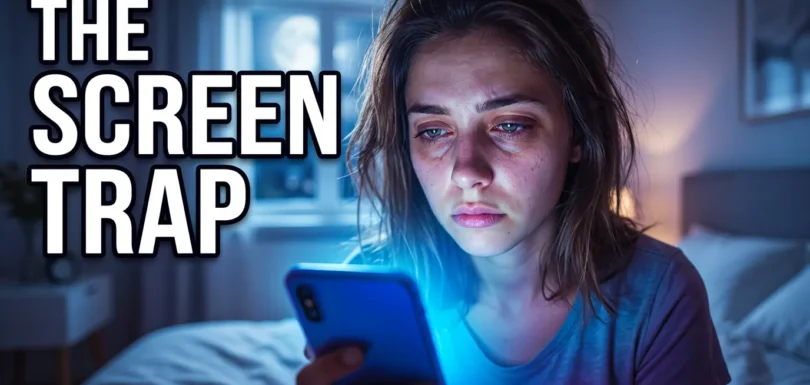 Young person in a dimly lit room at night using a smartphone, showing sleep disruption and digital overuse affecting mental health and recovery.