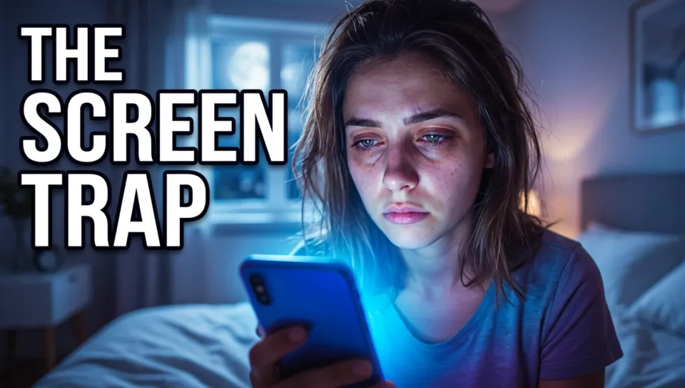 Young person in a dimly lit room at night using a smartphone, showing sleep disruption and digital overuse affecting mental health and recovery.