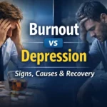 Split image showing burnout vs depression with stressed office worker and sad individual, highlighting mental health treatment at a rehab centre in Islamabad.