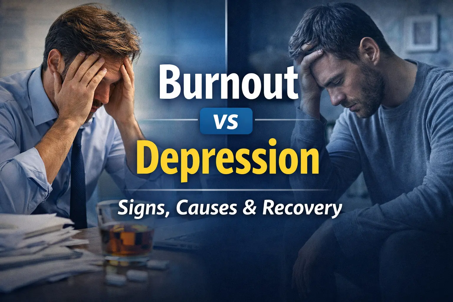 Split image showing burnout vs depression with stressed office worker and sad individual, highlighting mental health treatment at a rehab centre in Islamabad.