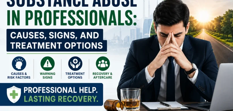 A professional mental health awareness thumbnail showing a stressed corporate professional sitting at a desk with head in hands, symbolizing workplace pressure and substance abuse risk. The design includes bold text reading “Substance Abuse in Professionals: Causes, Signs, and Treatment Options” alongside icons for warning signs, treatment, and recovery. The background blends a corporate cityscape with a hopeful sunrise path, representing recovery and new beginnings. Contact and rehab centre details are displayed at the bottom in a clean, structured layout.