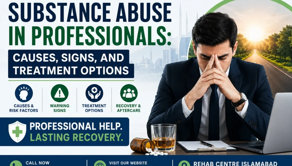 A professional mental health awareness thumbnail showing a stressed corporate professional sitting at a desk with head in hands, symbolizing workplace pressure and substance abuse risk. The design includes bold text reading “Substance Abuse in Professionals: Causes, Signs, and Treatment Options” alongside icons for warning signs, treatment, and recovery. The background blends a corporate cityscape with a hopeful sunrise path, representing recovery and new beginnings. Contact and rehab centre details are displayed at the bottom in a clean, structured layout.