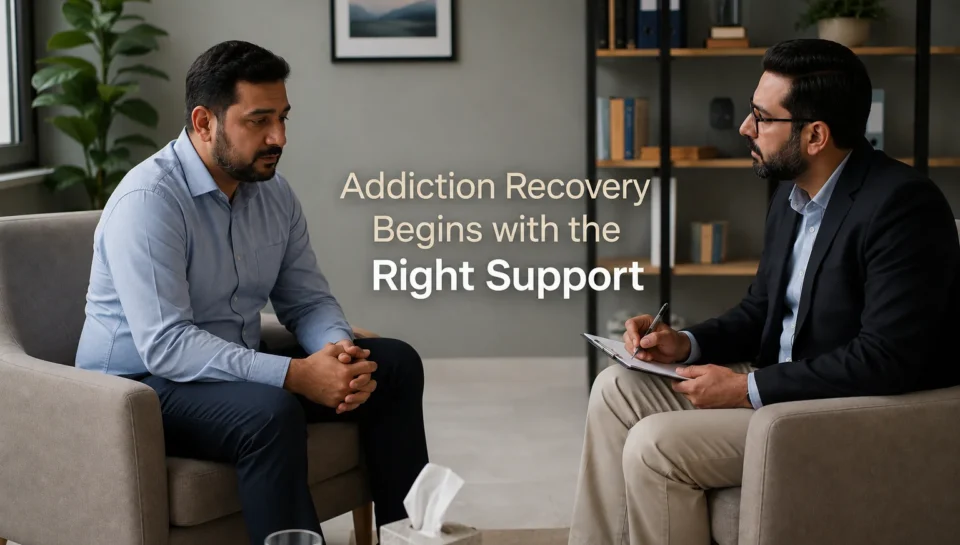 Professional therapy session in a rehabilitation centre in Islamabad supporting addiction recovery through counseling, CBT, and mental health care.