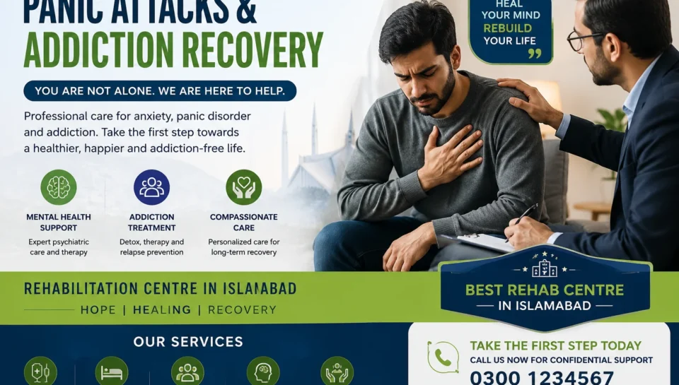 Person receiving professional support for panic attacks and anxiety during a therapy session at a rehabilitation centre in Islamabad.