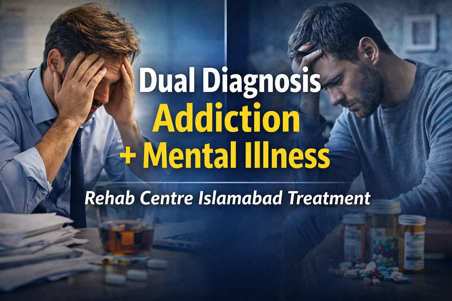 Split illustration of addiction and mental illness showing a person struggling with alcohol and mental health, representing dual diagnosis treatment at a rehab centre in Islamabad.