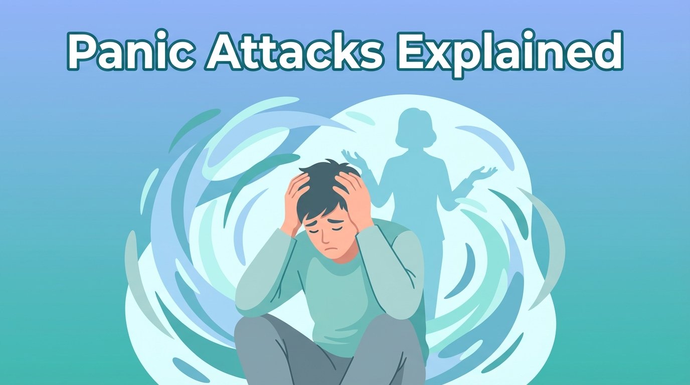 Illustration of a person experiencing a panic attack with calming therapy elements, representing panic attacks explained and mental health treatment at a rehab centre in Islamabad.