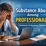 Stressed office professional with alcohol and pills on desk illustrating substance abuse among professionals and addiction treatment support at a rehab centre in Islamabad.