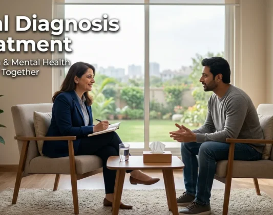 Psychiatrist consulting a patient in a modern rehabilitation centre in Islamabad during dual diagnosis treatment, focusing on addiction recovery and mental health support in a calm clinical environment.