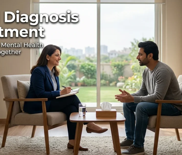 Psychiatrist consulting a patient in a modern rehabilitation centre in Islamabad during dual diagnosis treatment, focusing on addiction recovery and mental health support in a calm clinical environment.