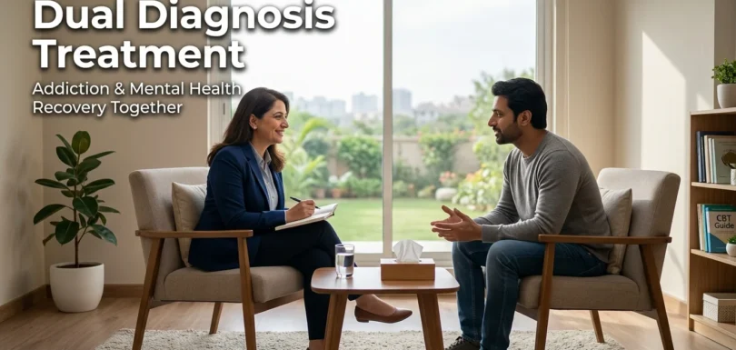 Psychiatrist consulting a patient in a modern rehabilitation centre in Islamabad during dual diagnosis treatment, focusing on addiction recovery and mental health support in a calm clinical environment.