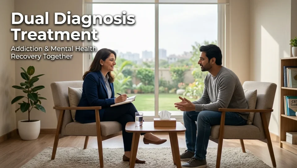 Psychiatrist consulting a patient in a modern rehabilitation centre in Islamabad during dual diagnosis treatment, focusing on addiction recovery and mental health support in a calm clinical environment.