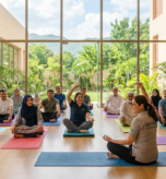 People participating in supervised exercise and yoga at a modern rehabilitation center in Islamabad, promoting mental health recovery, wellness, and emotional healing through physical activity.