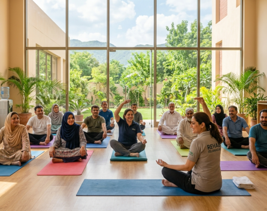 People participating in supervised exercise and yoga at a modern rehabilitation center in Islamabad, promoting mental health recovery, wellness, and emotional healing through physical activity.