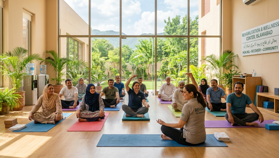 People participating in supervised exercise and yoga at a modern rehabilitation center in Islamabad, promoting mental health recovery, wellness, and emotional healing through physical activity.