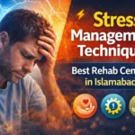 Thumbnail showing a stressed man holding his forehead with bold text “Stress Management Techniques” and icons for recovery, representing rehab and mental wellness at the best rehab centre in Islamabad.
