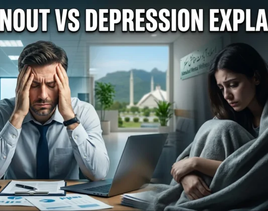 Therapist consulting a patient in a modern rehabilitation centre in Islamabad discussing burnout vs depression, focusing on mental health awareness, stress management, and emotional recovery in a calm clinical environment.