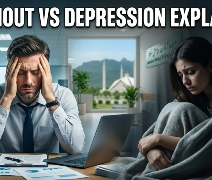 Therapist consulting a patient in a modern rehabilitation centre in Islamabad discussing burnout vs depression, focusing on mental health awareness, stress management, and emotional recovery in a calm clinical environment.